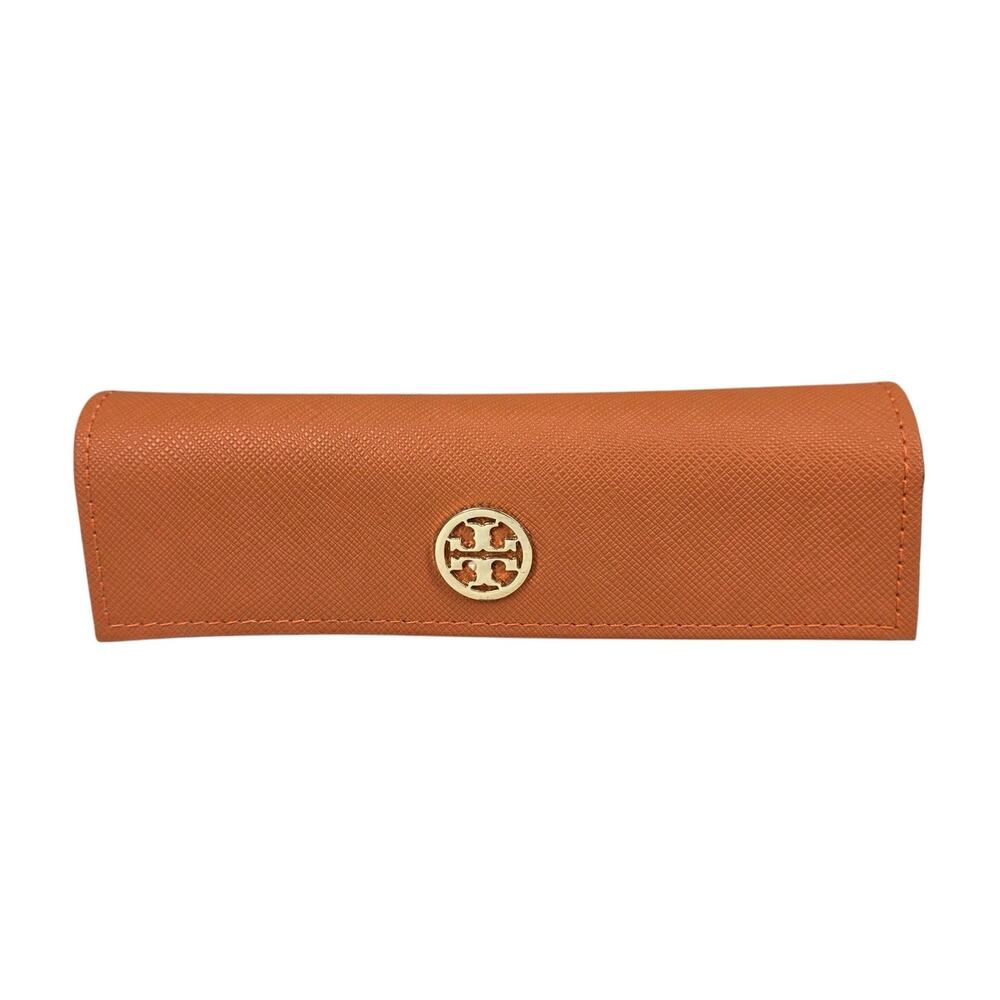 TORY BURCH EYEGLASS CASE – ORANGE TEXTURED LEATHER – GOLD EMBLEM – 7" X 2" X 2"